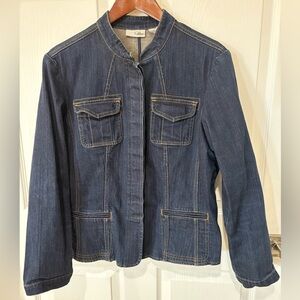 Chico’s Platinum Denim Jacket – Size 2 – Dark Wash Stretch Denim